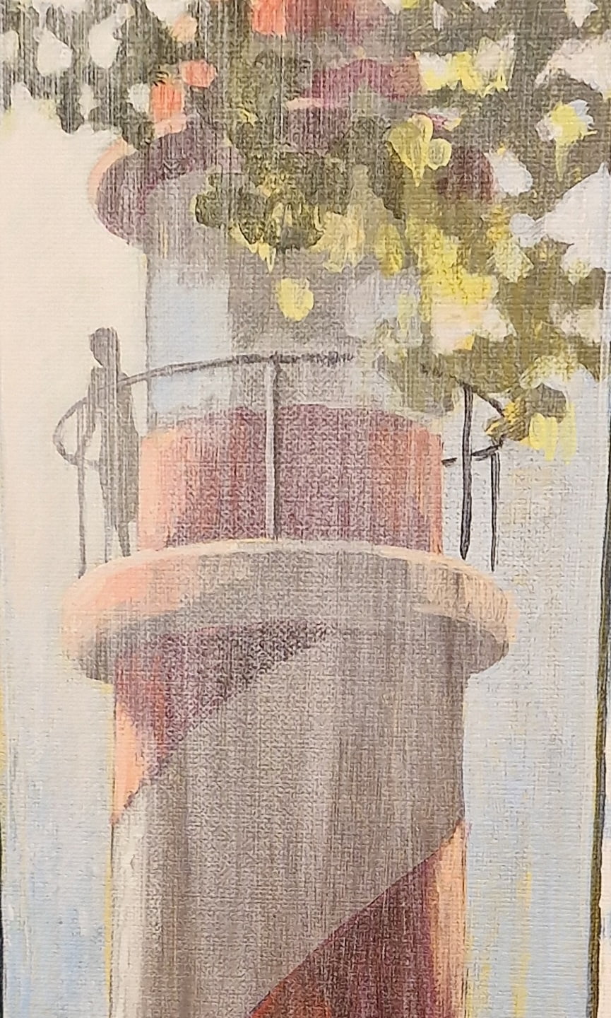 een schilderij van een balkon met bloemen erop